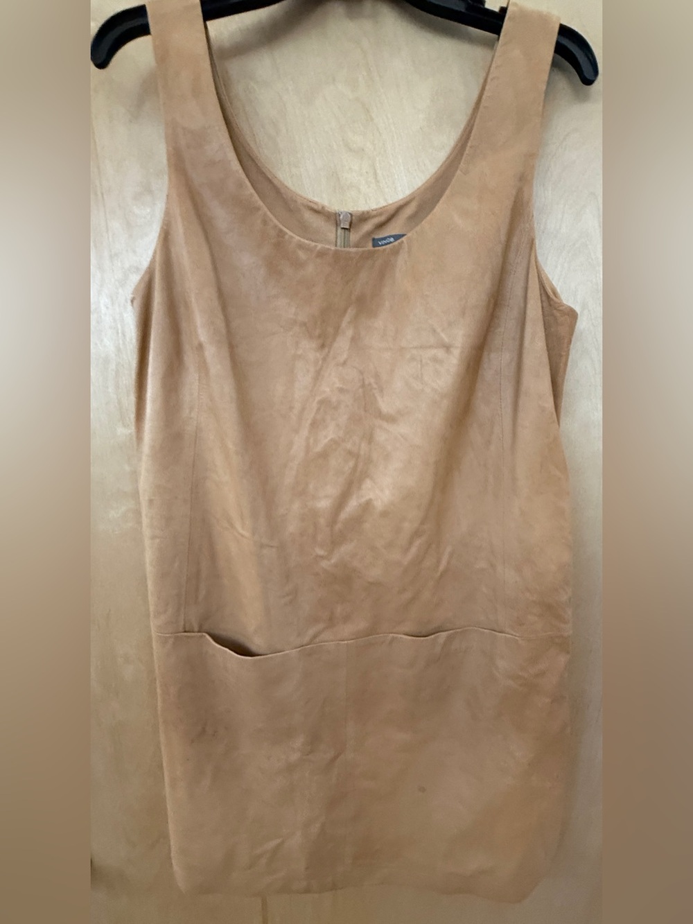Vince Tan Leather Scoop Neck Shift Dress Front Pockets Size 12 - Picture 4 of 15